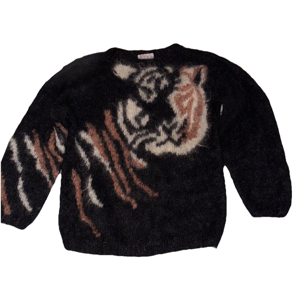 Hand Knit By Amy Grove Graphic Tiger W/Rhinestone Black Fuzzy LS Sweater Size L